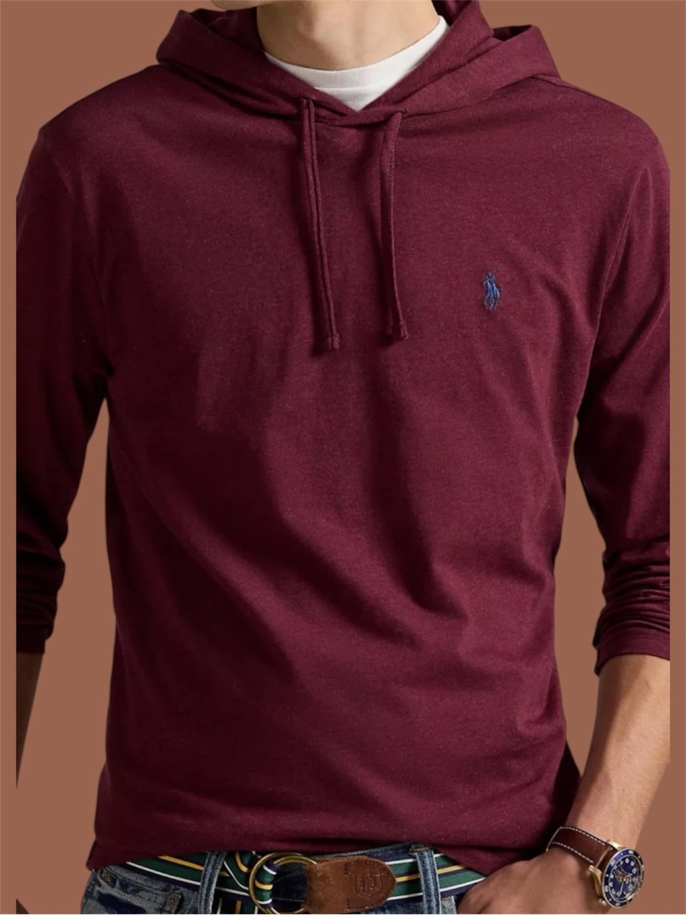 Sm Polo by Ralph Lauren Unisex Men's Burgundy Hooded Long Sleeve Shirt Woman Red